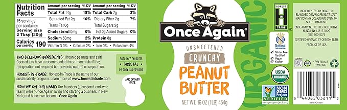 Organic Unsweet Crunchy Peanut Butter 16oz